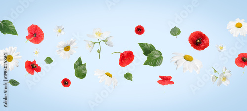 Beautiful flowers flying against light blue background. Banner design