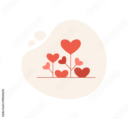 Minimal heart tree symbol for charity. Red hearts show love and support as gentle community icon. Abstract donate concept, help and give idea on soft background, useful for social donation theme