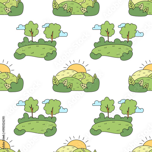 Adventure nature doodle seamless pattern with green outdoor background and tree, mountain forms. Forest, camp and travel theme with color shapes for pattern getaway inspiration.