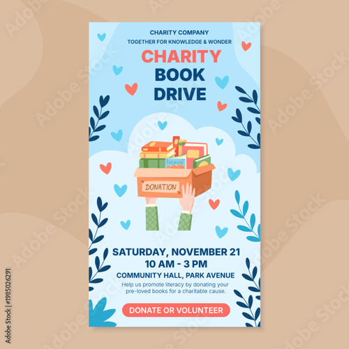Charity book donation box with bright color heart and leaf background. Kind volunteer hand hold a gift box of book for community people and needy kid. Warm blue light coral palette suits poster,