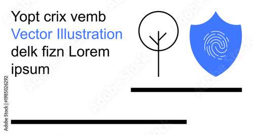 Cybersecurity, identity verification, data protection, nature, minimalism, information security. A blue shield with a fingerprint design and a simple tree outline. Cybersecurity and identity