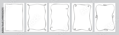 French curly ribbon invitation frame set. Vertical card border with whimsical black line sketch. Decorative frame collection as romantic white template for wedding invite, birthday party or holiday