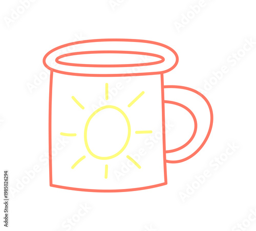 Camping mug in doodle line style with outdoor and adventure color accent. Coffee equipment icon for camping and camp moments, silhouette drawing for travel or trip concept.