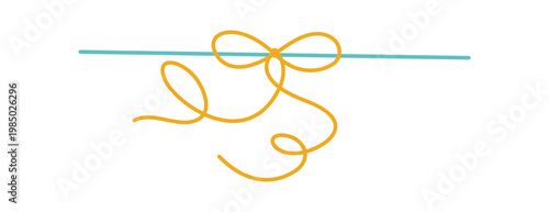 Whimsical hand drawn bow with curly string line. Cute romantic knot as simple ribbon ornament and decorative wedding detail. Minimal border for invite or valentine card, trendy coquette decor for