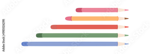 Colorful cartoon pencil icon set. Childish paint craft tool for children and school art. Cute stationery object as study equipment and creative supply, ideal for education clipart flat illustration