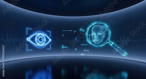 Futuristic Synthetic Media Analysis: Holographic Eye and Magnifying Glass Scanning Digital Face Mesh in Navy Glitch Void – AI Deepfake Detection and Forensic Verification Concept