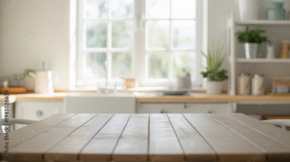 Fototapeta premium A light wooden dining table stands in front of a blurred modern kitchen.
