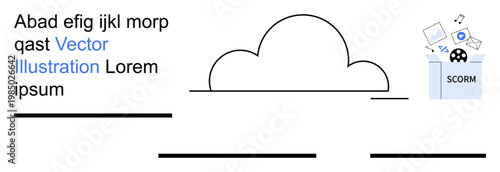 Cloud computing, e-learning, data processing, SCORM compliance, digital storage, technology. Cloud icon connected to a box with multimedia data. Cloud computing and e-learning concept
