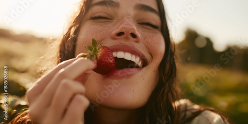 Happy woman enjoying fresh strawberry in golden sunlight outdoors