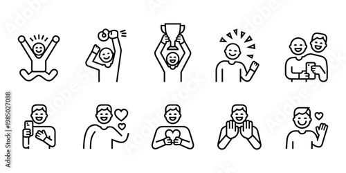 Line art illustrations depicting various celebratory and positive human expressions and actions
