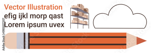 Cloud computation, digital storage, e-commerce organization, logistics management, creativity, technology. Shelf with boxes, cloud and pencil. Cloud computation and digital storage concept