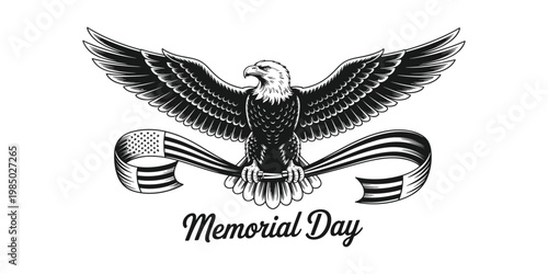 Memorial day eagle illustration with ribbon and script text