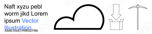 Cloud storage, technology, digital data, mining, download, and resources. A cloud, download arrow into a box and a mining pickaxe design. Cloud storage and technology concept