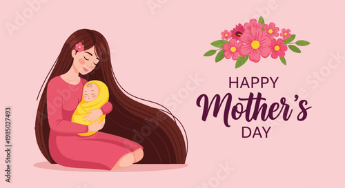 Happy mother's day loving mother and child illustration with floral arrangement