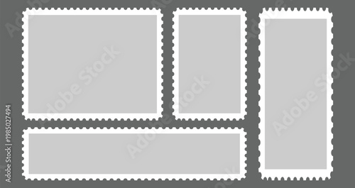 Blank Stamp Assortment: A set of varied, blank postage stamps in different rectangular shapes, each featuring a classic perforated edge, ready for your creative touch. 