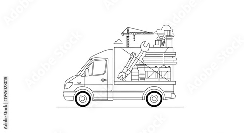 Construction and Logistics Delivery Truck Carrying Industrial Equipment, Tools, and Materials Line Art Vector Illustration