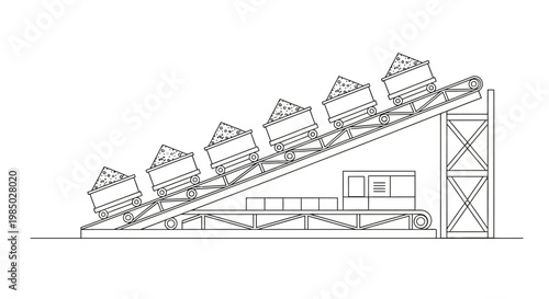 Industrial Mining Conveyor Belt System with Ore Carts Line Art Illustration