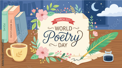 World Poetry Day celebration with books, coffee, and writing materials at night