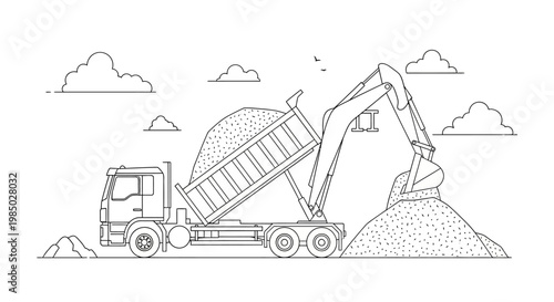 Minimalist Construction Site Line Art: Tipper Truck and Excavator Working on Sand Piles Illustration for Coloring Book and Educational Material