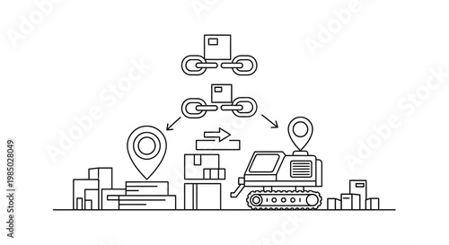 Logistics Supply Chain and Blockchain Technology Illustration with GPS Tracking, Shipping Boxes, and Industrial Machinery in Minimalist Line Art Style