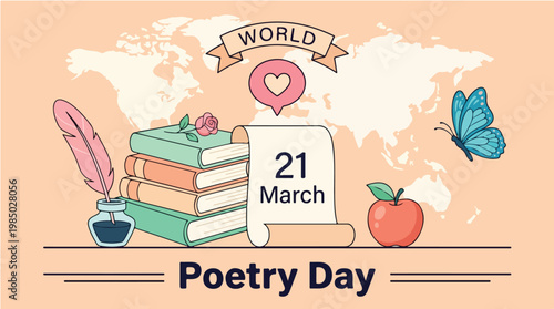 World Poetry Day celebration with books, apple, and quill on a peach background