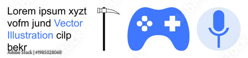 Game design, communication, tool usage, online content, technology innovation, creativity. Blue gaming controller, scythe and microphone symbols with text. Game design and communication concepts