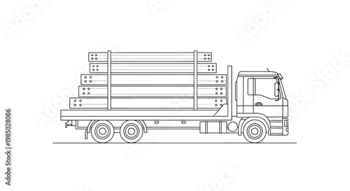 Flatbed Truck Vector Line Art Carrying Industrial Lumber Beams for Construction Logistics and Transport Illustration