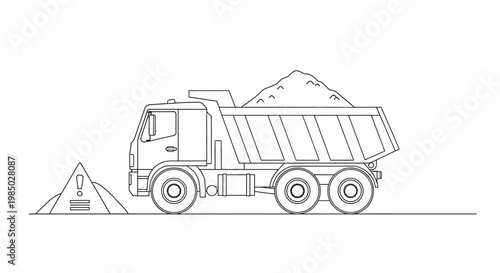 Dump Truck Construction Vehicle Line Art Coloring Page for Kids - Heavy Duty Tipper Truck Illustration for Transportation and Road Work Concepts