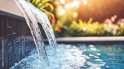 Water cascading over a dark stone wall into a swimming pool, sunlight filtering through lush greenery