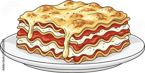 Cheesy Layered Lasagna on Plate Vector Illustration