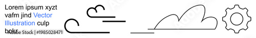 Weather, climate, technology, nature, environmental science, renewable energy. Abstract line drawings of wind, clouds and a gear. Weather and technology concepts illustrated graphically