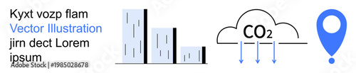 Urban planning, climate awareness, carbon emissions, environmental impact, sustainability, air quality. Buildings, CO2 cloud and location symbol. Urban planning and climate awareness concepts