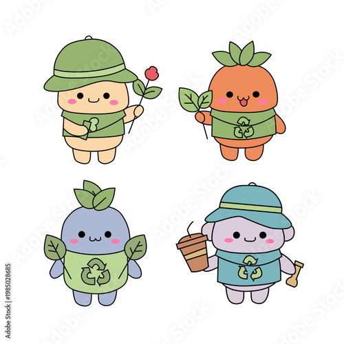 Cute Eco Friendly Characters Set with Recycling Theme Vector Illustration
