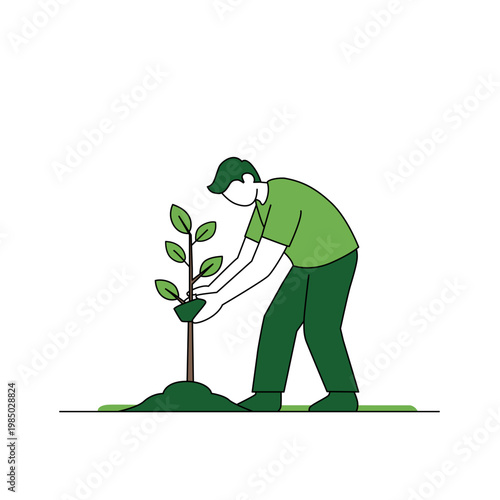 Man Planting Tree Eco Friendly Minimalist Vector Illustration