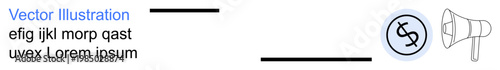 Marketing strategies, financial promotion, advertising, investment, communication, business outreach. A dollar sign with a megaphone icon and minimalist lines. Marketing strategies and financial