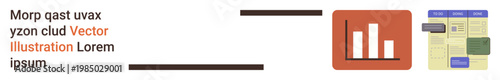 Data analysis, reporting tools, business insights, information design, presentation materials, organizational charts. Bar graph and structured layout visual. Data analysis and reporting tools concept