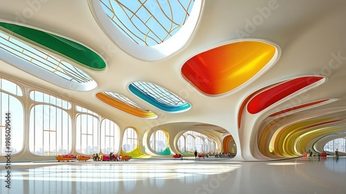 A colorful, modern interior with flowing, organic architecture
