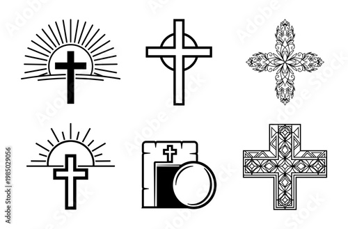 Christian Cross Icon Set with Religious Symbols Hand Drawn Style