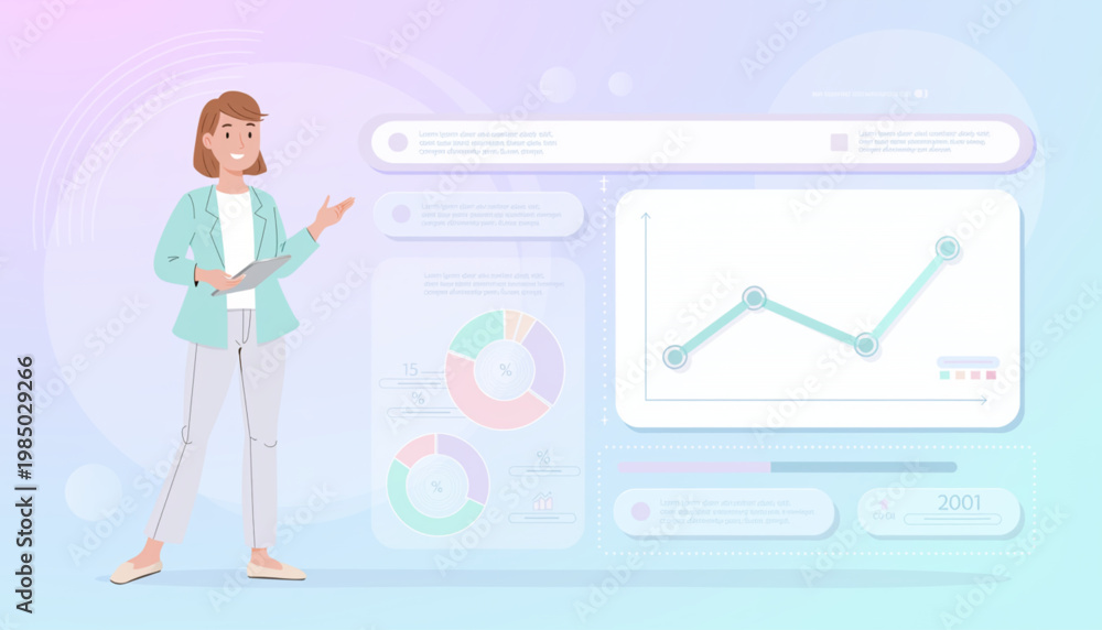 Fototapeta premium A professional woman holding a tablet and gesturing towards a set of digital infographic charts, including line graphs and pie charts, showing success and data analysis.