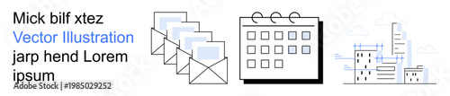 Business strategy, task management, email delivery, scheduling, urban development, digital communication. Stacked envelopes, calendar cityscape vector outline. Task management and email delivery