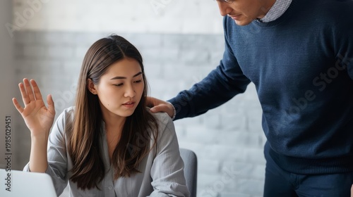 Workplace Asian Woman Refuses Male Coworker Touch at the Office