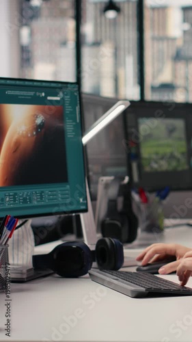 Vertical Video Employee operating AI chatbot to generate Mars and cosmic visuals, transforming text prompts and creating videos of the solar system. Generating extraterrestrial world content on
