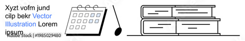Time management, education, planning, study organization, knowledge, and productivity. Minimalist line drawings of a calendar, a pen and books. Time management and education