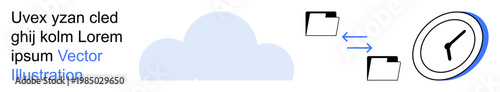 Data storage, cloud backup, file transfer, timing, workflow management, digital organization. Cloud with folders and clock. Cloud backup and file transfer concepts