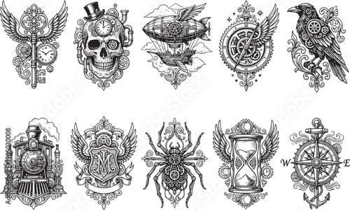 A set of steampunk characters, badges, ornaments, and coats of arms. Medieval times, knights, fantasy, fairy tale. Engraving, illustration, etching. Hand drawn vector illustration