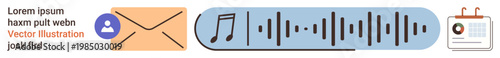 Digital communication, email alerts, sound notifications, task scheduling, user interface, multimedia sharing. Envelope, sound wave and calendar displayed. Digital communication and email alerts