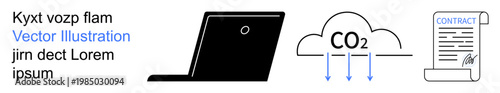 Technology, sustainability, carbon emissions, legal agreements, remote work, eco-policy. Laptop, CO2 cloud and contract document. Technology and sustainability concept
