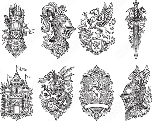 A set of symbols, badges, ornaments, and coats of arms. Medieval times, knights, fantasy, fairy tale. Engraving, illustration, etching. Hand drawn vector illustration