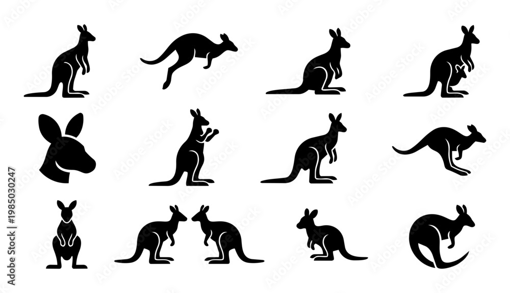 Obraz premium Kangaroo Silhouettes Set, Australian Wildlife Icons with Jumping and Pouch Kangaroo