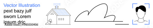 Renewable energy, smart technology, security, face recognition, innovation, automation. Smart home under solar power, single line cloud face ID scanning. Renewable energy and smart technology